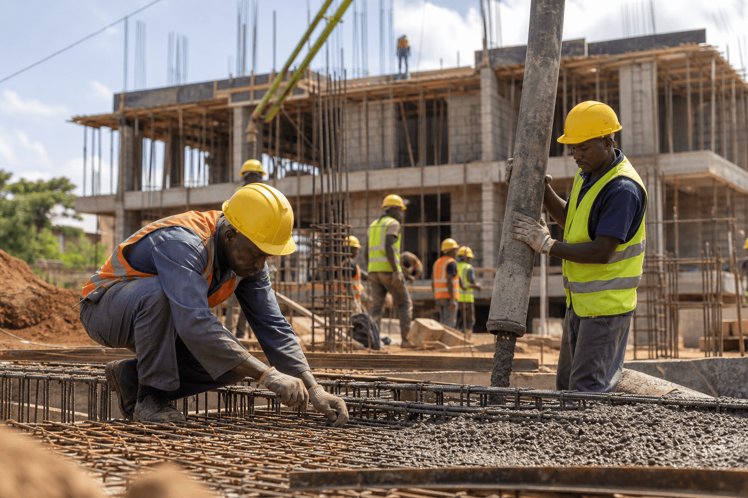 Construction workers on an active building site in Kenya